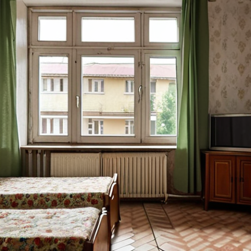 "A cozy, yet modest apartment interior in a Soviet-era building in Moldova. The furniture is simple, reflecting an affordable living space. Outside the window, a typical Moldovan residential street scene can be observed."