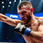 **

A dynamic action shot of Constantin Rusu in a mixed martial arts (MMA) fight. He's delivering a powerful punch, his face showing intense focus. The background features a blurred-out crowd and the lights of the arena. The overall feeling is energetic and powerful, showcasing his striking abilities.
**Keywords:** MMA, fighter, punching, action, arena, Moldova

**