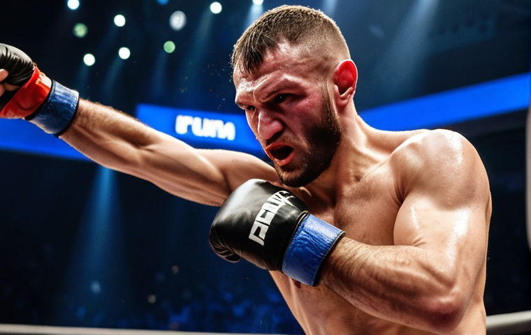 **

A dynamic action shot of Constantin Rusu in a mixed martial arts (MMA) fight. He's delivering a powerful punch, his face showing intense focus. The background features a blurred-out crowd and the lights of the arena. The overall feeling is energetic and powerful, showcasing his striking abilities.
**Keywords:** MMA, fighter, punching, action, arena, Moldova

**